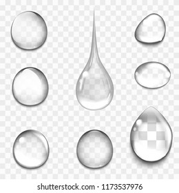 Set of transparent drops in gray colors. Transparency only in vector format. Can be used with any background. Realistic vector illustration.