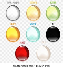 Set of transparent drops in gray colors. Transparency only in vector format. Can be used with any background. Different drops.  Realistic vector illustration.