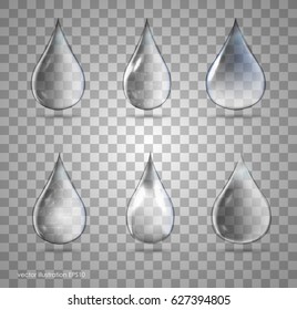 Set of transparent drops in gray colors. Can be used with any background.