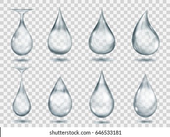 Set of transparent drops in gray colors. Transparency only in vector format