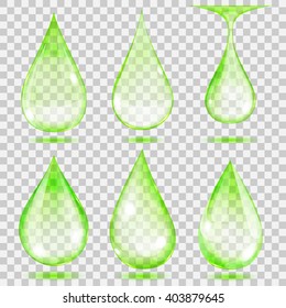 Set of transparent drops in green colors. Transparency only in vector format. Can be used with any background