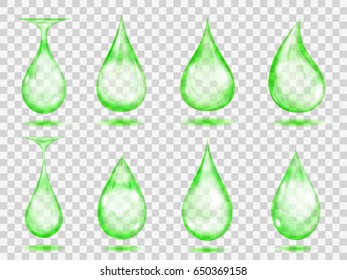 Set of transparent drops in green colors. Transparency only in vector format