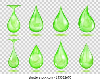 Set of transparent drops in green colors. Transparency only in vector format