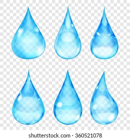 Set of transparent drops in light blue colors. Transparency only in vector format. Can be used with any background