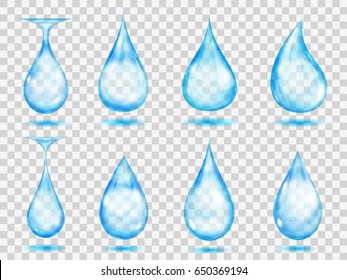 Conjunto de gotas transparentes en colores azul claro. Transparencia sólo en formato vectorial