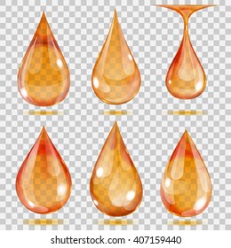 Set of transparent drops in orange colors. Transparency only in vector format. Can be used with any background