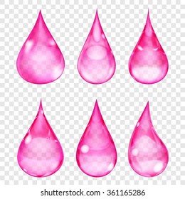 Set of transparent drops in pink colors. Transparency only in vector format. Can be used with any background