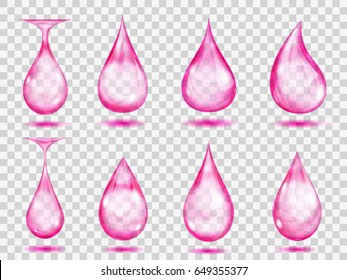 Set of transparent drops in pink colors. Transparency only in vector format