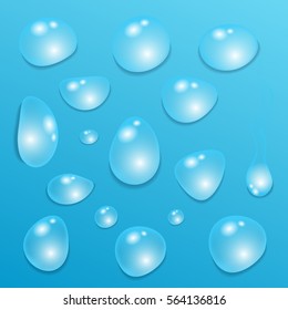 Set of  transparent  drops of pure clear water isolated on a blue background. Realistic  vector  illustration.
