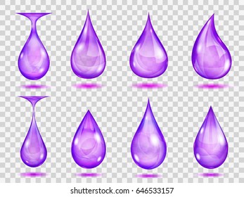Set of transparent drops in purple colors. Transparency only in vector format