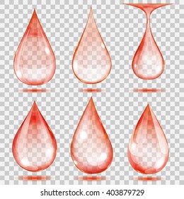 Set of transparent drops in red colors. Transparency only in vector format. Can be used with any background