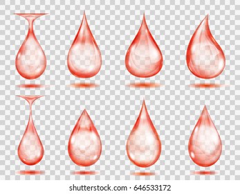 Set of transparent drops in red colors. Transparency only in vector format