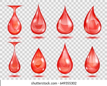 Set of transparent drops in red colors. Transparency only in vector format