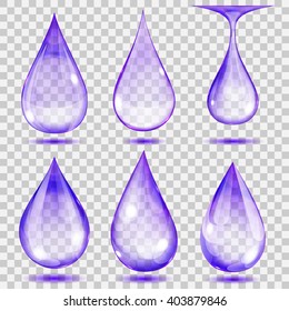 Set of transparent drops in violet colors. Transparency only in vector format. Can be used with any background