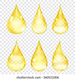 Set of transparent drops in yellow colors. Transparency only in vector format. Can be used with any background