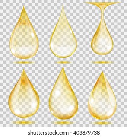 Set of transparent drops in yellow colors. Transparency only in vector format. Can be used with any background