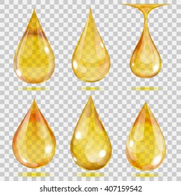 Set of transparent drops in yellow colors. Transparency only in vector format. Can be used with any background