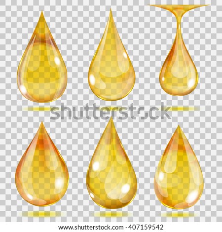 Set of transparent drops in yellow colors. Transparency only in vector format. Can be used with any background