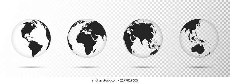 Set of transparent Earth globe with continents isolated on transparent background. Monochrome world map symbol with shadow. 3d globe world map icon. Concept for worldwide travel, infographics. Vector