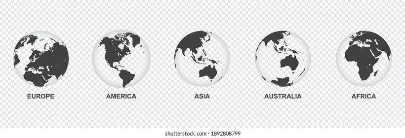 	
set of transparent Earth globe icon with 5 hemispheres continents Europe America Asia Australia Africa. world map in globe shape isolated on transparent background. vector illustration