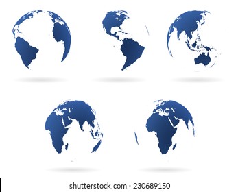 Set of transparent Earth globes. Blue and white planet symbols. Graphic design elements for articles, prints, logo, icons. Vector illustration.