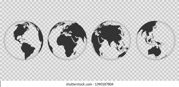 Set of transparent Earth globes. World map isolated on transparent background. Globe worldmap icon. Template design for worldwide travel, infographics or website.