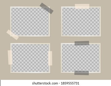 Set of  transparent empty photo frames with adhesive tape. Mockup for your design. Blank template on a beige background. Vector 3d realistic. Rectangular photo card with black and beige tape.4 photos.