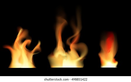 Set of transparent fire on black vector illustration. Transparent fire ornament on vector illustration.Realistic fire flame with transparency isolated on black background. Fireplace or wildfire image