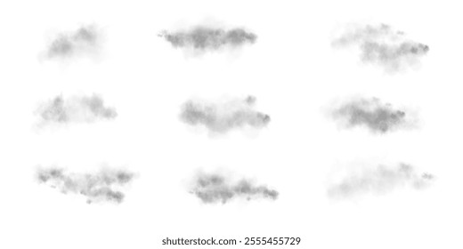 Set Transparent fog or smoke, PNG white smog cloud effect, isolated transparent special effect. Vector illustration, fog, vapour, magic haze.	