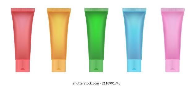Set of transparent gel tubes of red, blue, green, yellow, pink and orange colors. Lubricant, lotion. Moisturizer. Korean cosmetics. Realistic vector illustration. 3d mockup