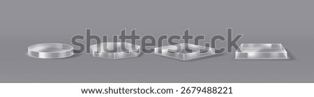 Set of transparent geometric podium glass in gray color. Includes circle, hexagon, square, and rectangle. Modern and minimalistic style ideal for design projects.