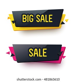 Set of transparent geometric vector banners. Glossy plastic material style. Origami paper. Big Sale labels.