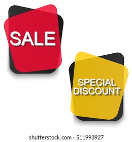 Set of transparent geometric vector sale banners. Vivid translucent plastic cards with shadows made in material design style. Origami paper pieces. Big sale, discount sticker, shopping, advertising.