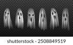 Set of transparent ghosts, realistic silhouettes isolated on checkered background. Cute, angry, spooky faces, mystic creatures, monsters, horror spirits for halloween decoration. Mesh gradient effect.