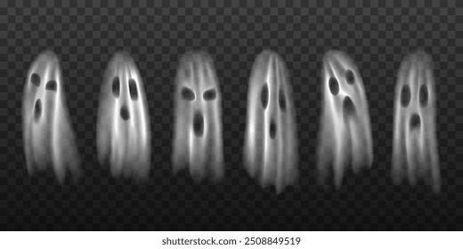 Set of transparent ghosts, realistic silhouettes isolated on checkered background. Cute, angry, spooky faces, mystic creatures, monsters, horror spirits for halloween decoration. Mesh gradient effect.