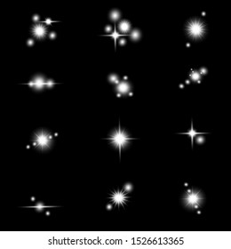 Set of transparent glare and light effects on a black background.