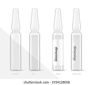 Set of transparent glass ampule for injections mockup. Vector illustration isolated on white background. Can be use for medicine, cosmetic and other. Ready for your design. EPS10.	