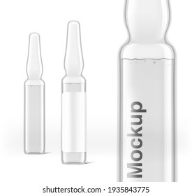 Set of transparent glass ampule for injections mockup. Vector illustration isolated on white background. Can be use for medicine, cosmetic and other. Ready for your design. EPS10.	