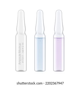 Set of transparent glass ampule mockup. Vector illustration isolated on white background. Can be use for medicine, cosmetic and other. Ready for your design. EPS10.	