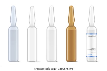 Set of transparent glass ampule for vaccine injections mockup. Vector illustration isolated on white background. Can be use for medicine, cosmetic and other. Ready for your design. EPS10.	