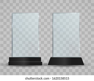 Set Of Transparent Glass Awards, Trophy Glass Table Display. Plastic Clear Stand Reflection Shiny Plates Vector Isolated Template