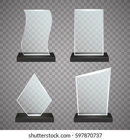 Set of transparent glass awards, vector trophy illustration on simple background