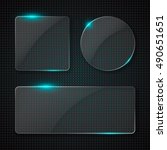 Set of transparent glass banners with glowing lights over techno style background. Vector illustration.