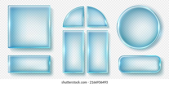 Set of transparent glass banners. Glass plates with place for inscriptions. Flat glass isolated on transparent background. Realistic 3D design. Vector transparent object.