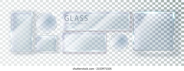 Set of transparent glass banners. Vector glass plates with place for inscriptions. Flat glass isolated on transparent background. Realistic 3D design. Vector transparent object.