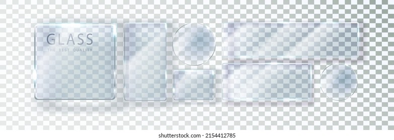 Set mit transparenten Glasbannern. Vektorglasplatten mit Platz für Inschriften. Flachglas einzeln auf transparentem Hintergrund. Realistisches 3D-Design. Vektortransparentes Objekt.