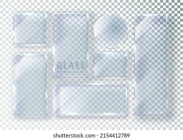 Banderas de vidrio transparentes. Placas de vidrio vectorial con lugar para inscripciones. Vidrio plano aislado sobre un fondo transparente. Diseño 3D realista. Objeto transparente vector.