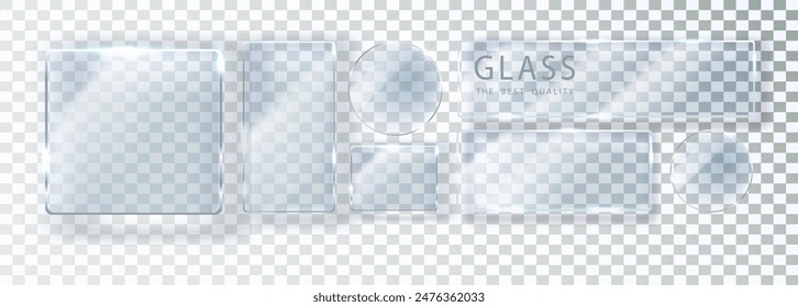 Conjunto de Anuncios de vidrio transparente. Placas de vidrio de Vector con lugar para inscripciones. Vidrio plano aislado sobre fondo transparente. Diseño 3D realista. Objeto transparente de Vector.