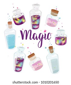 Set of transparent glass bottles with liquid space and magic liquids. Cartoon jars with miracles. Vector hand drawn illustration.