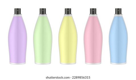 Set of transparent glass bottles of perfume. Purple, green, yellow, pink and blue spray bottles. Aerosol mist. Atomizer mockup